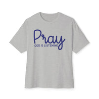 Load image into Gallery viewer, Pray God Is Listening Unisex Oversized Boxy T-Shirt (Dark Blue Lettering)
