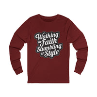 Load image into Gallery viewer, Walking in Faith Stumbling in Style Unisex Crewneck Long Sleeve T-Shirt

