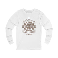 Load image into Gallery viewer, Be Strong and Courageous Unisex Crewneck Long Sleeve T-Shirt (Cross/Mountain with Brown Lettering)
